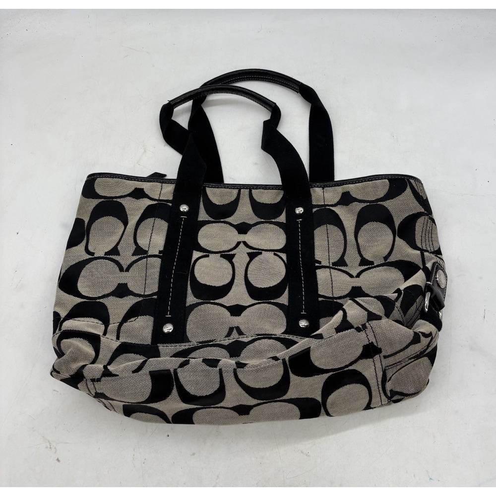 Coach Kyra Signature Monogram Canvas Tote Bag Purse Shoulder Black Gray F18855